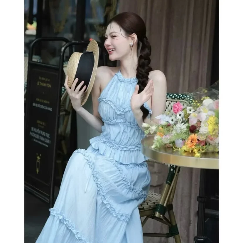 Ảnh 3 của Váy maxi xanh nhạt tầng bèo nữ