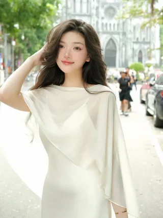 Photo 2 of Váy trắng choàng vai voan nữ tính