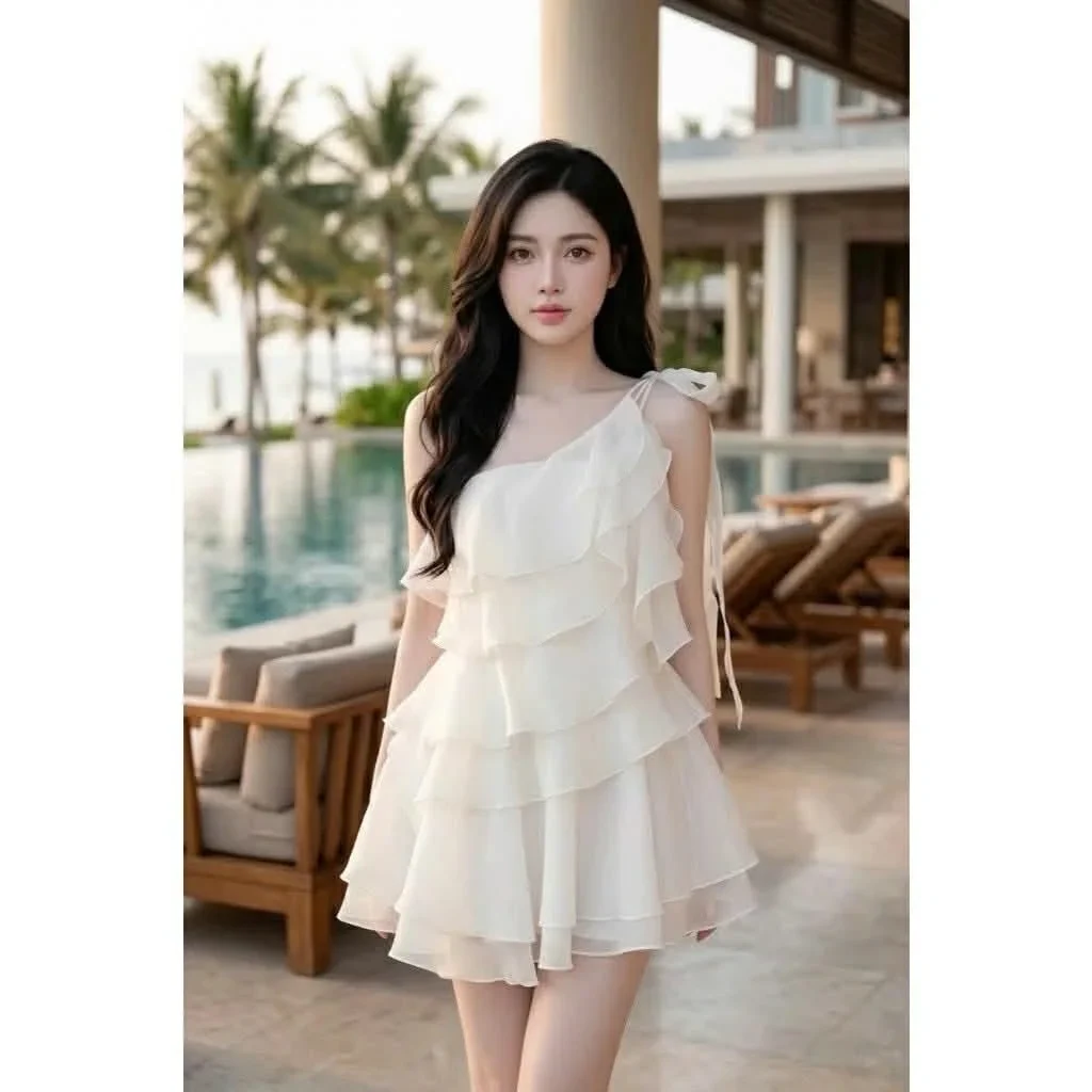 Photo 5 of Váy mini trắng hở vai bèo nhún nữ