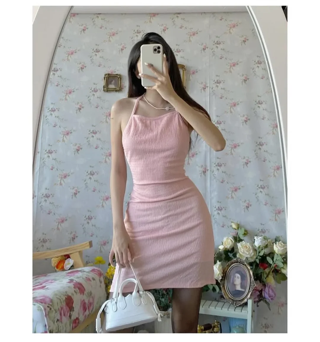 Ảnh 1 của Đầm mini hồng nhún cổ yếm size S