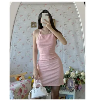 Ảnh 1 của Đầm mini hồng nhún cổ yếm size S