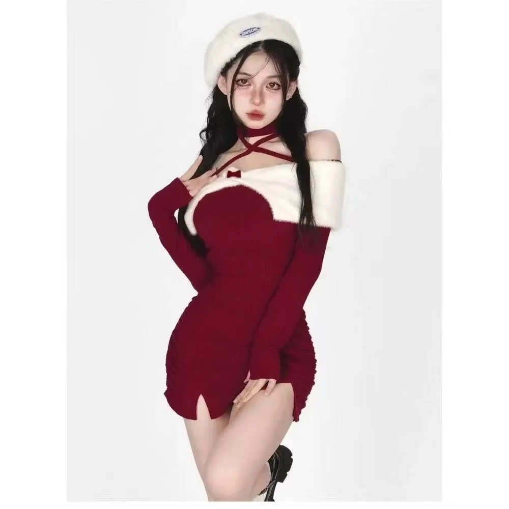 Ảnh 2 của Váy bodycon đỏ phối lông trắng nữ