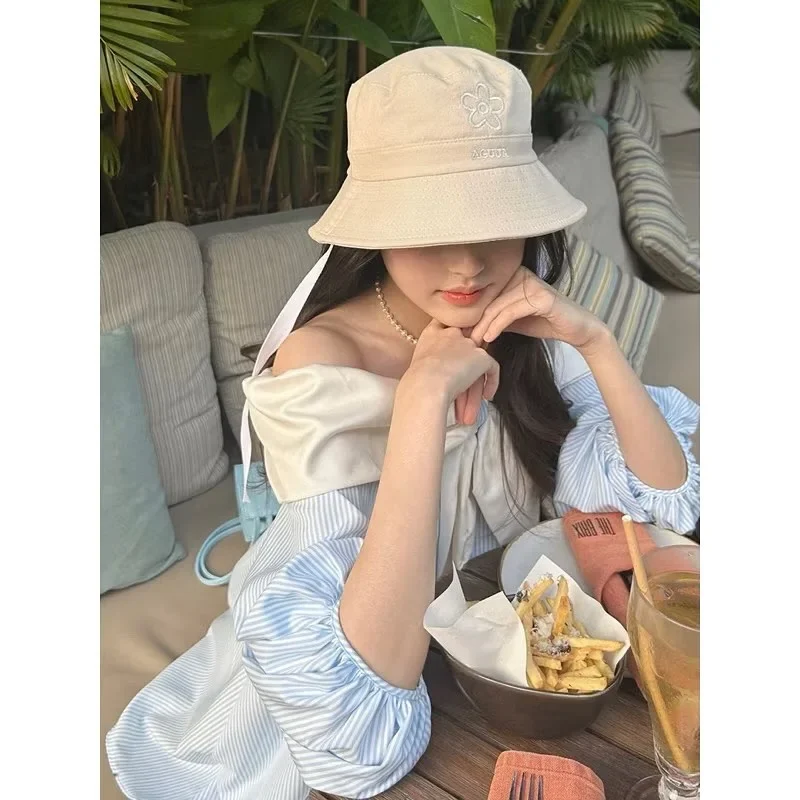 Photo 3 of Váy midi trễ vai sọc xanh nơ kem