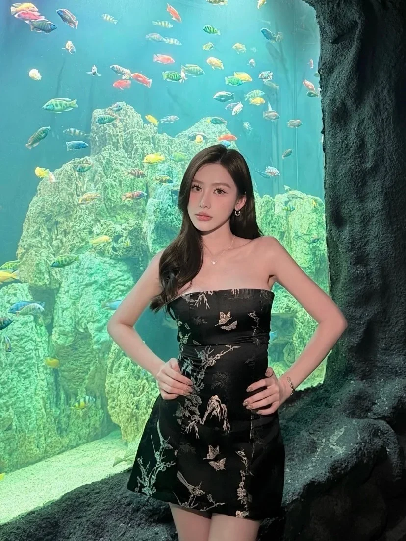 Ảnh 5 của Đầm ống đen thêu hoa bướm nữ