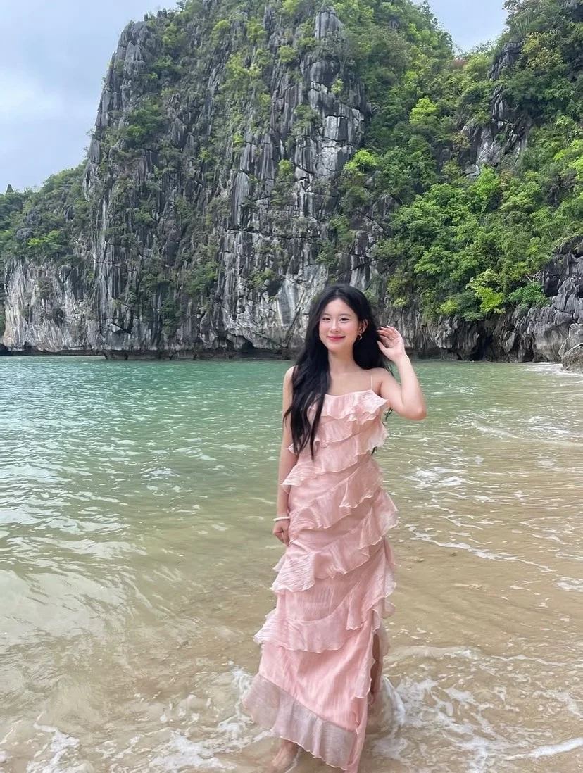 Ảnh 4 của Đầm maxi bèo nhún hồng nhạt voan nữ