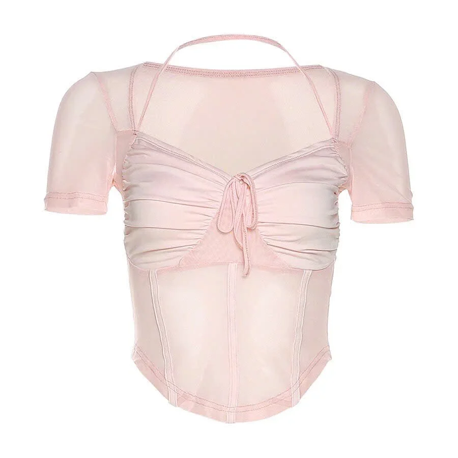 Photo 2 of Áo croptop hồng phối lưới nữ tính