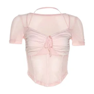 Photo 2 of Áo croptop hồng phối lưới nữ tính