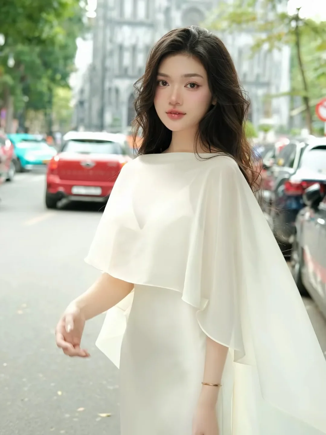 Photo 4 of Váy trắng choàng vai voan nữ tính