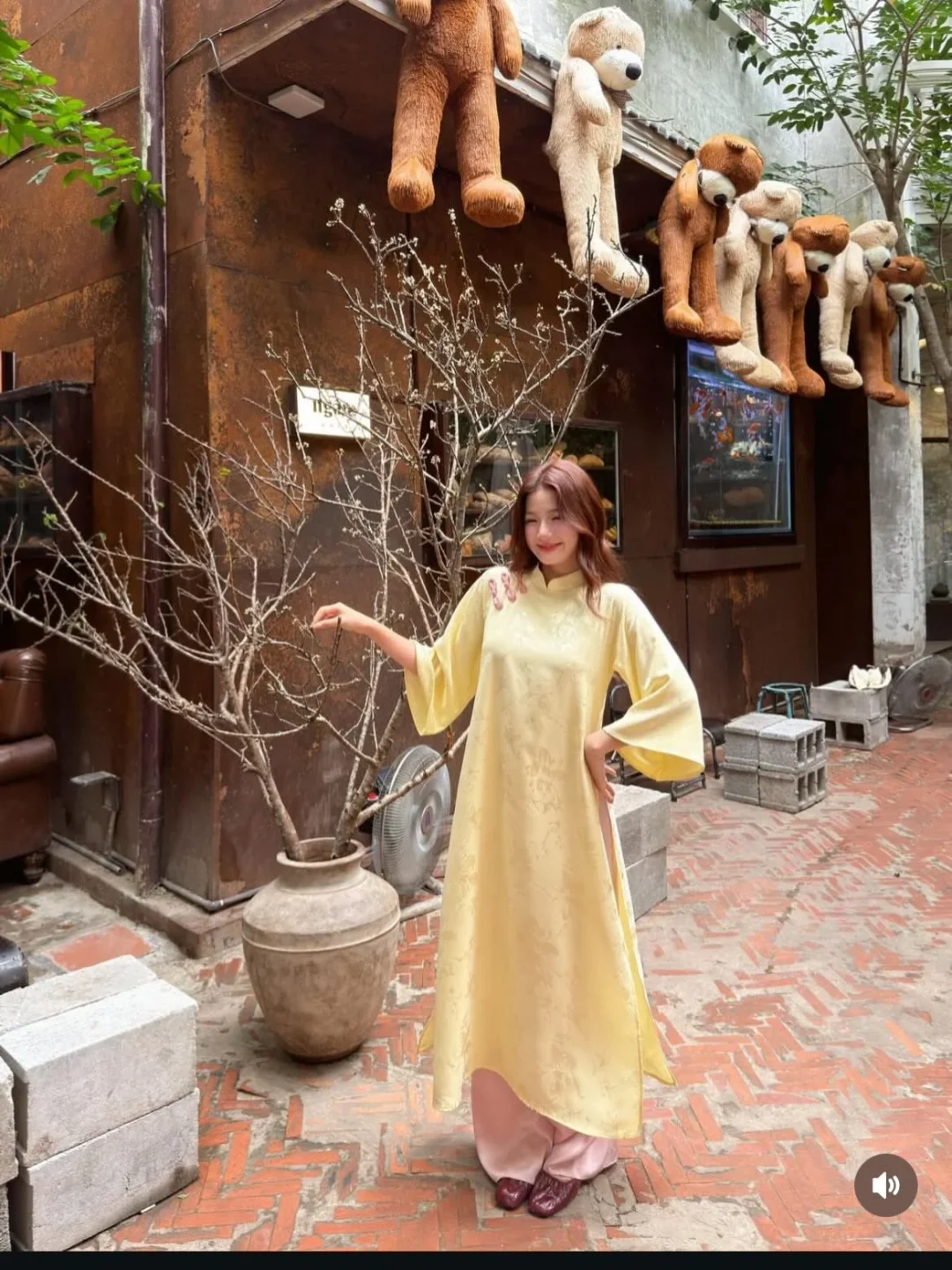 Ảnh 2 của Áo dài lụa vàng thêu bướm nữ