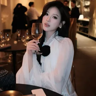 Photo 1 of Áo blouse trắng nữ voan nơ đen
