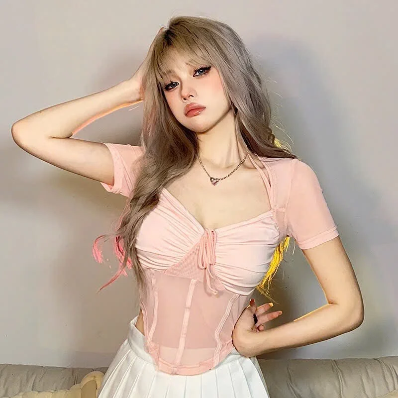 Photo 1 of Áo croptop hồng phối lưới nữ tính