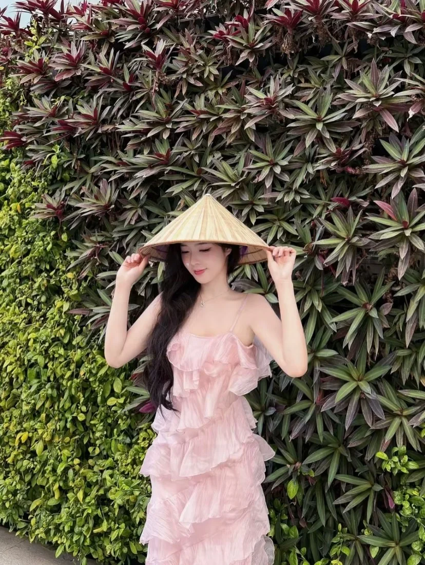 Ảnh 6 của Đầm maxi bèo nhún hồng nhạt voan nữ