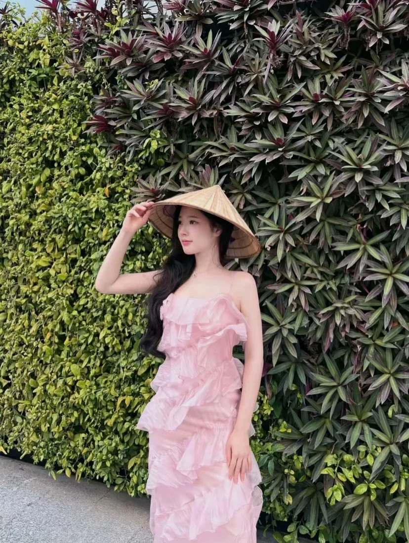 Ảnh 5 của Đầm maxi bèo nhún hồng nhạt voan nữ