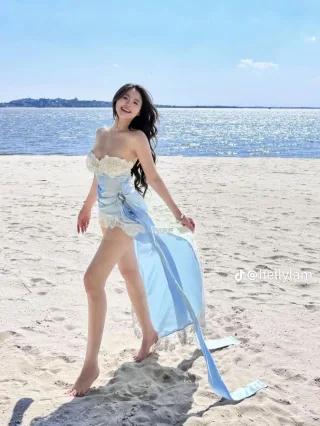 Photo 1 of Váy ngắn ren lụa xanh nhạt nữ