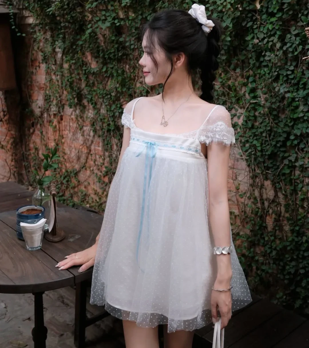 Ảnh 8 của Váy babydoll voan chấm bi trắng nữ