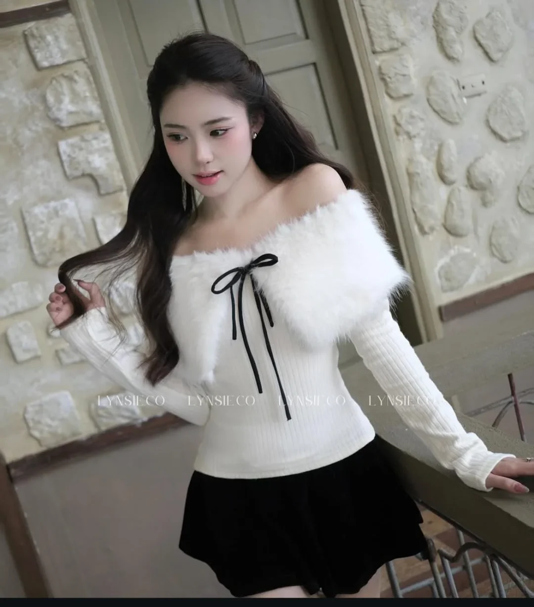 Ảnh 2 của Áo len trễ vai lông trắng nữ