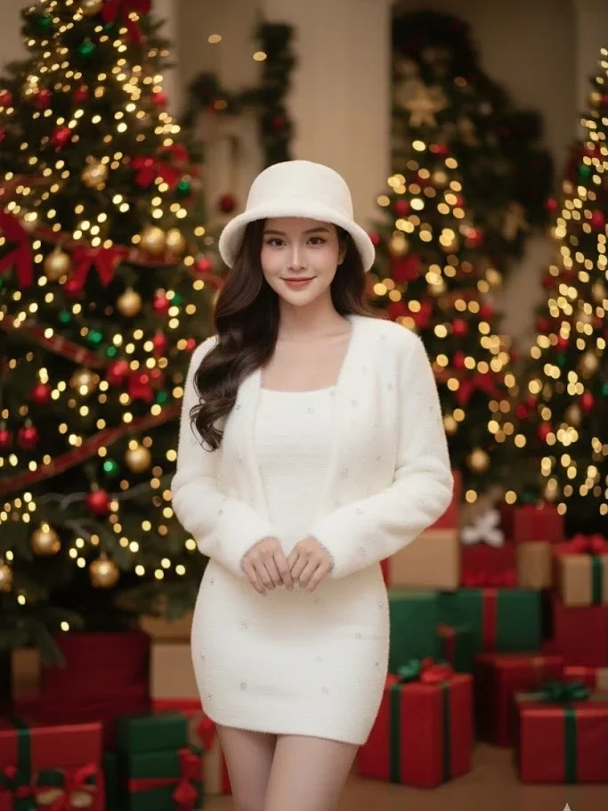 Photo 2 of Set áo khoác lông trắng đầm tiệc nữ
