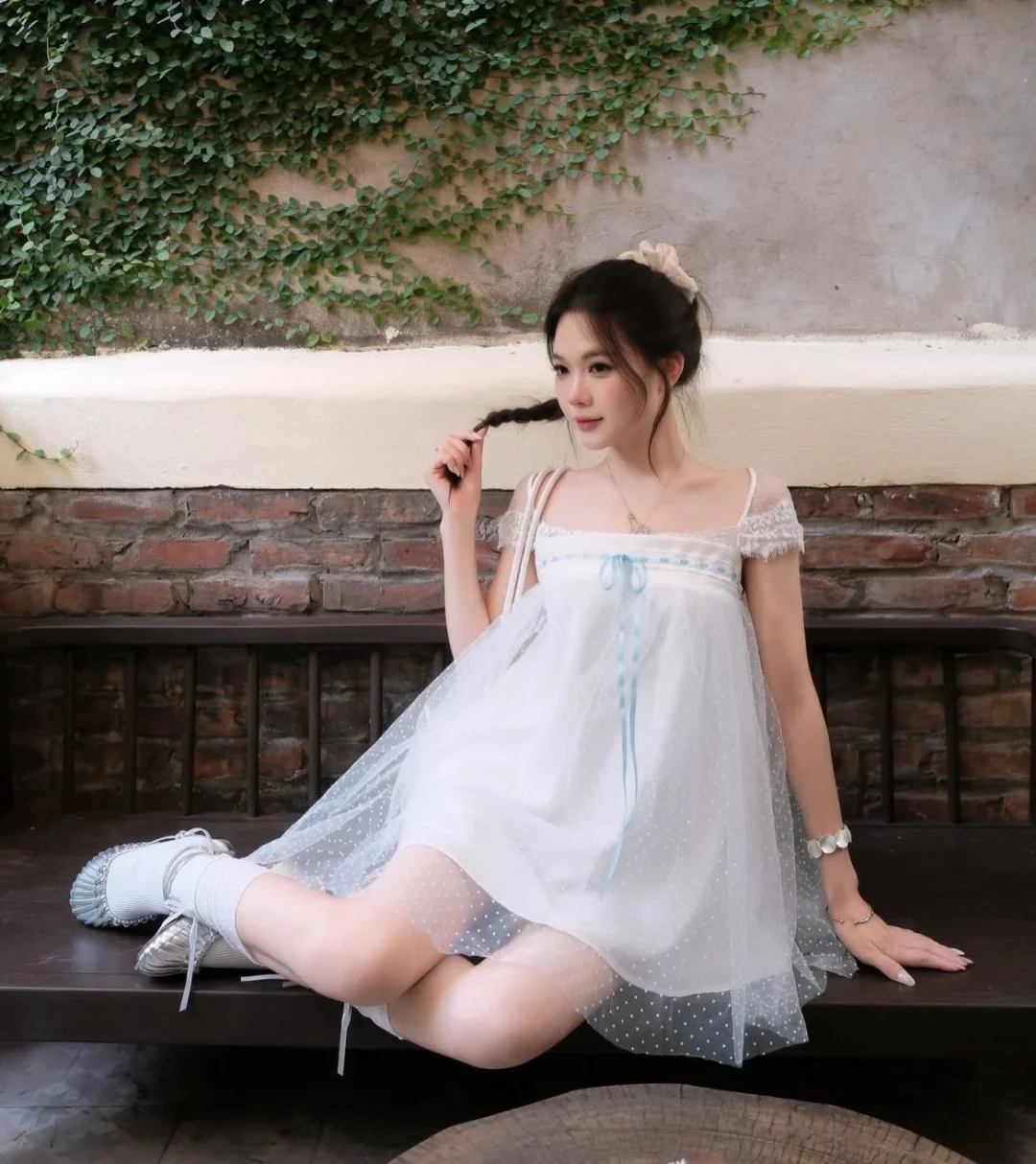 Ảnh 4 của Váy babydoll voan chấm bi trắng nữ