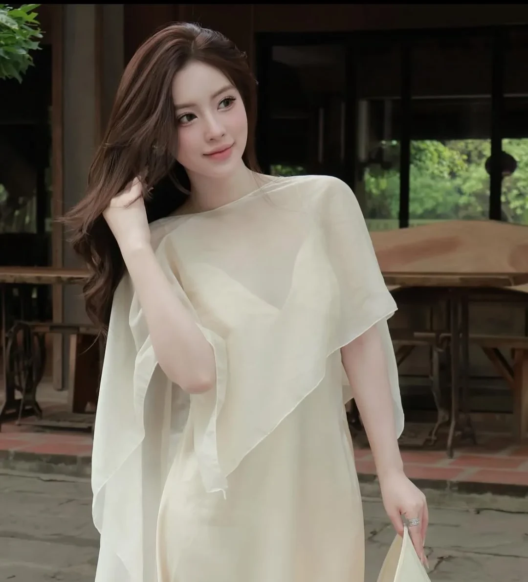 Ảnh 8 của Váy lụa voan kem nữ thanh lịch
