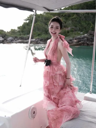 Photo 4 of Váy tiệc hồng voan tầng bèo nữ