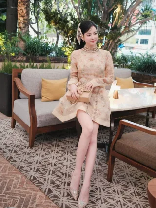 Photo 1 of Đầm ren cao cổ beige dự tiệc nữ