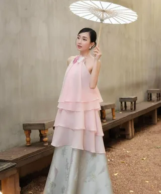 Ảnh 3 của Váy hai tầng halter hồng pastel nữ