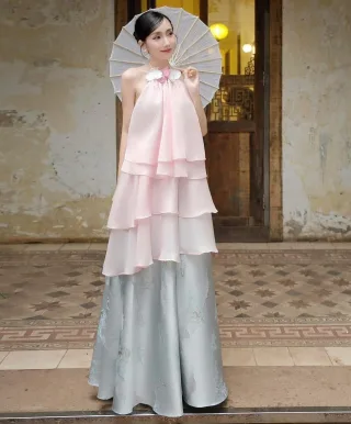 Ảnh 4 của Váy hai tầng halter hồng pastel nữ
