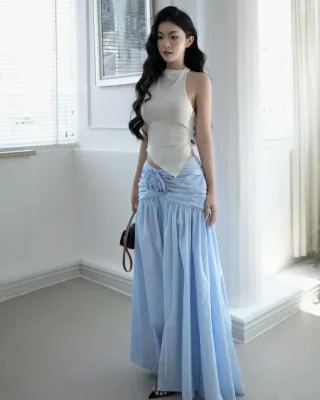 Ảnh 1 của Set áo yếm trắng váy maxi xanh nhạt nữ