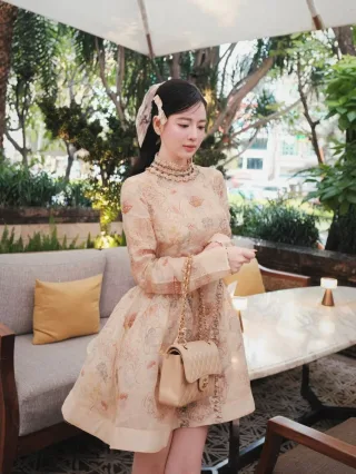 Photo 3 of Đầm ren cao cổ beige dự tiệc nữ