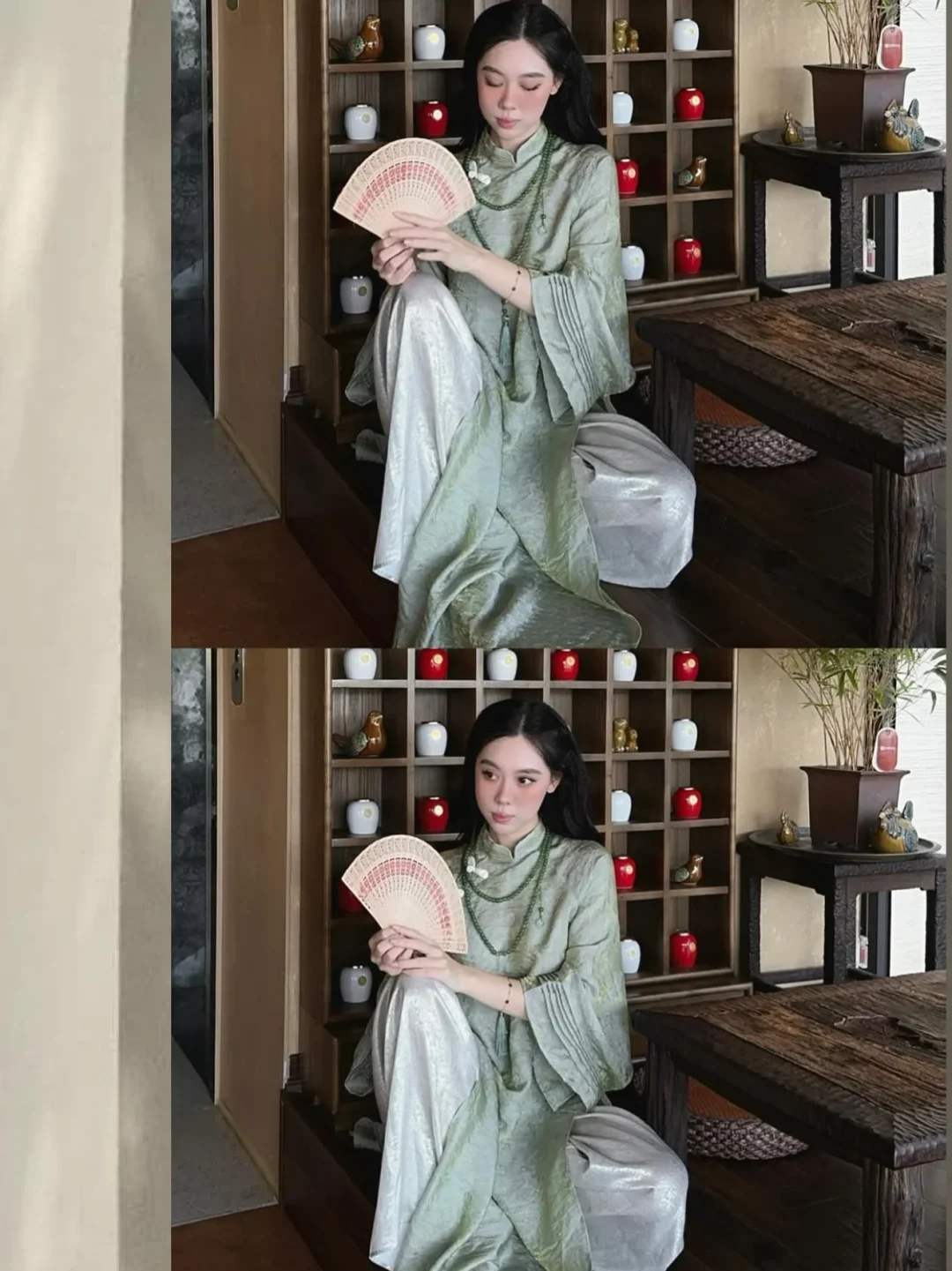 Ảnh 3 của Áo dài Tịch Dương lụa xanh lá cách tân