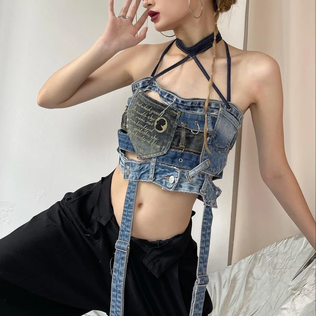 Ảnh 1 của Áo crop denim custom halter CHU DADA