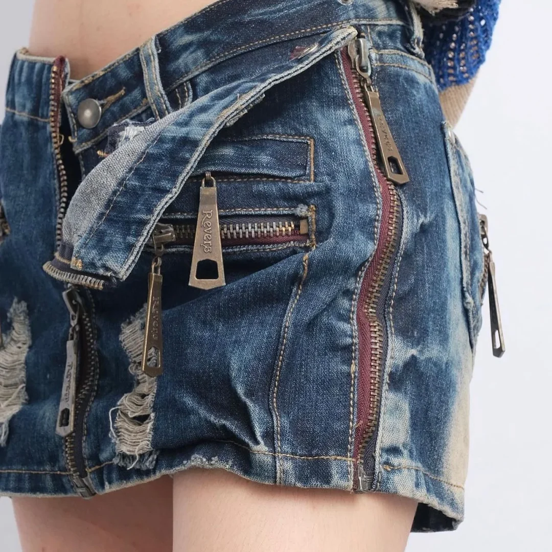 Ảnh 3 của Quần short denim vintage giả váy nhiều khóa