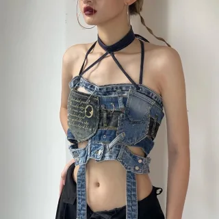 Ảnh 3 của Áo crop denim custom halter CHU DADA