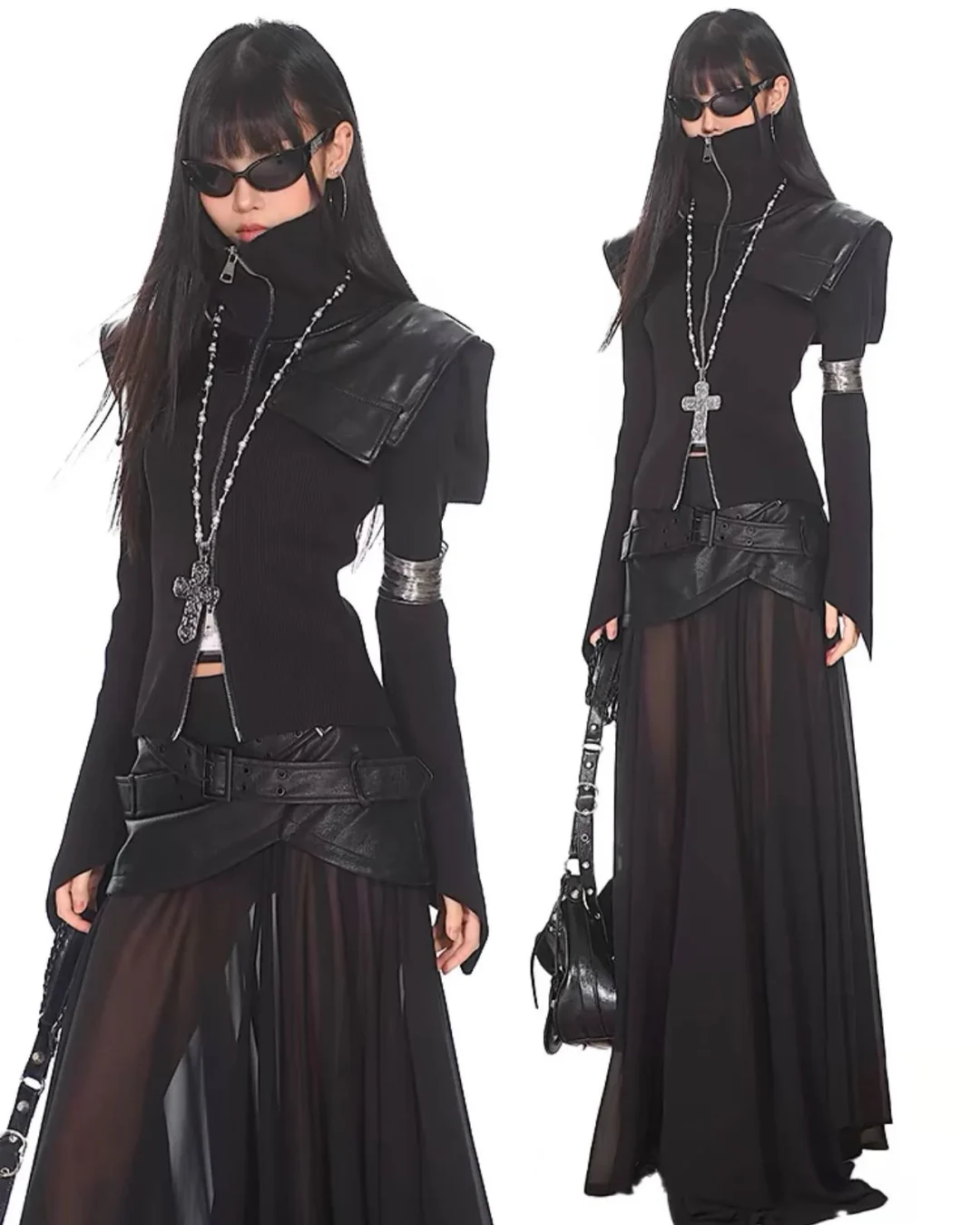 Photo 1 of Set áo dệt kim da và váy lưới gothic nữ
