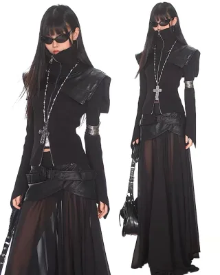 Photo 1 of Set áo dệt kim da và váy lưới gothic nữ