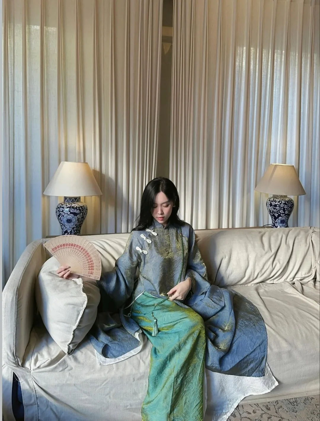 Photo 8 of Áo dài Dạ Lam lụa xanh cách tân nữ