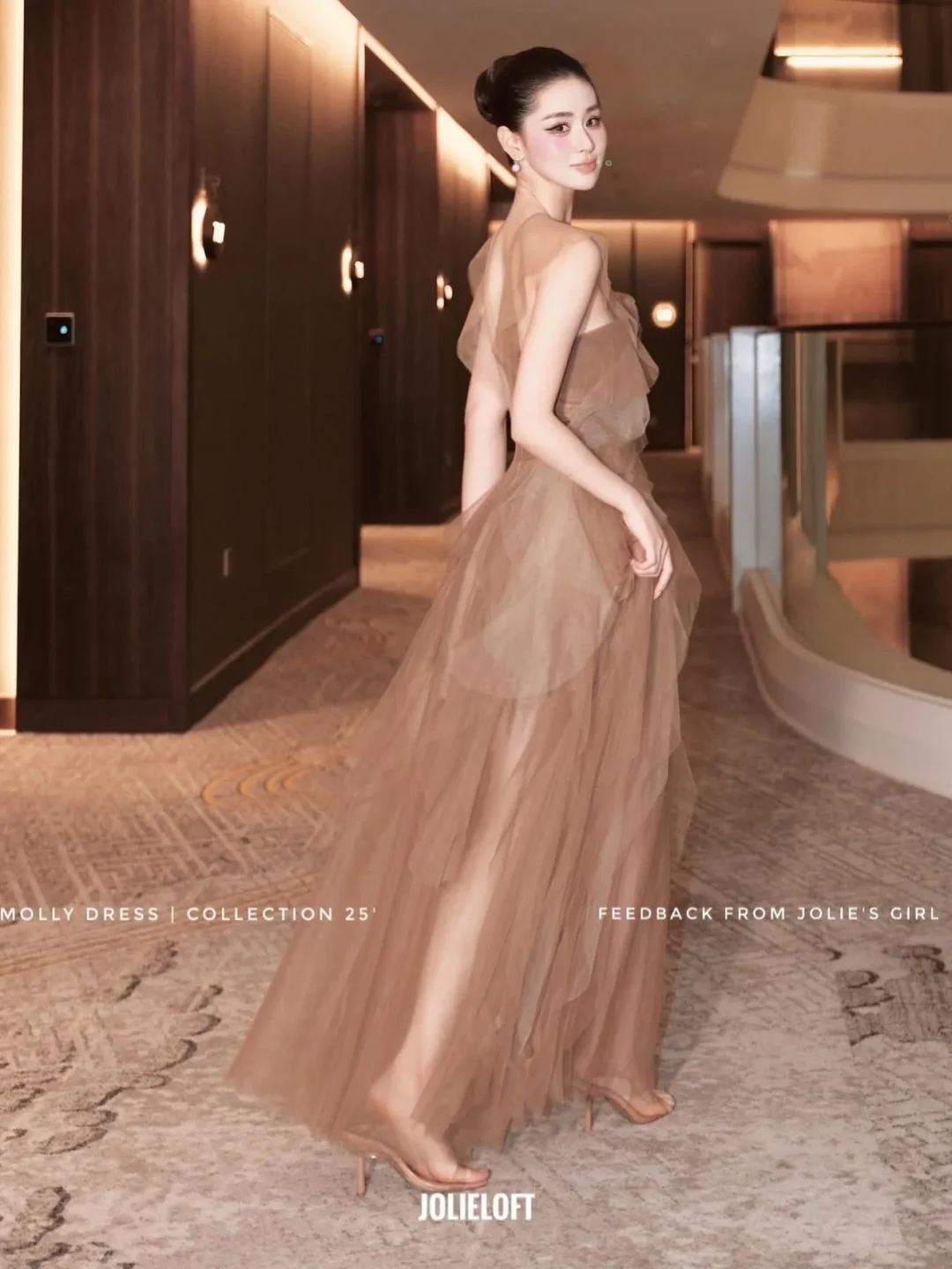 Photo 3 of Váy tiệc tulle nâu lệch vai nữ
