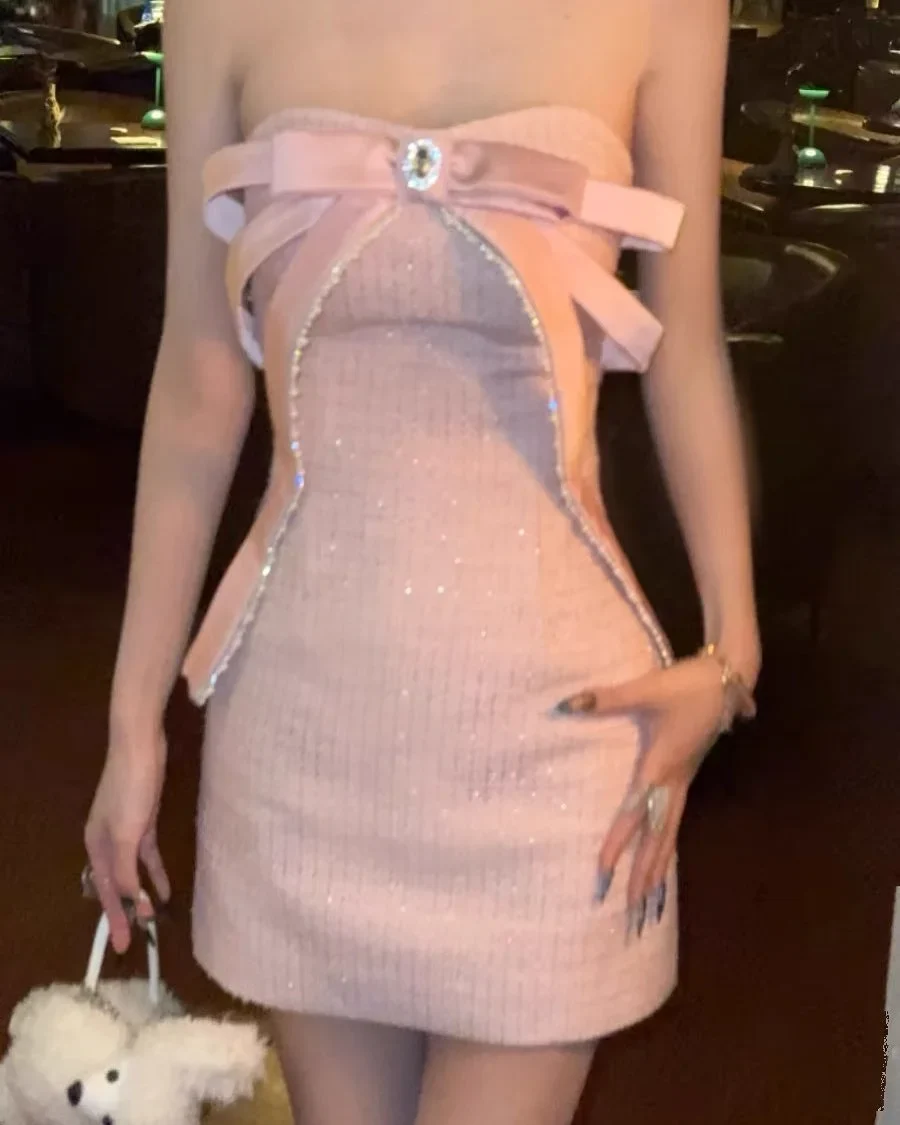 Photo 3 of Váy tweed hồng đính nơ nữ sang trọng