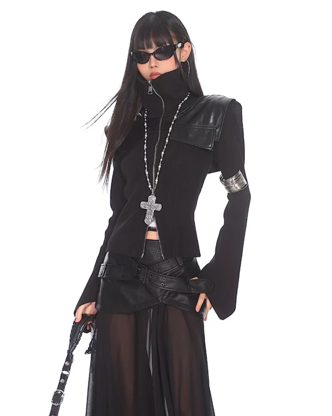 Photo 10 of Set áo dệt kim da và váy lưới gothic nữ