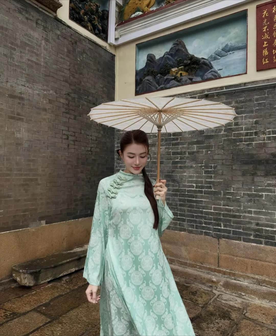 Photo 8 of Áo dài Mãn Anh Đường xanh mint freesize