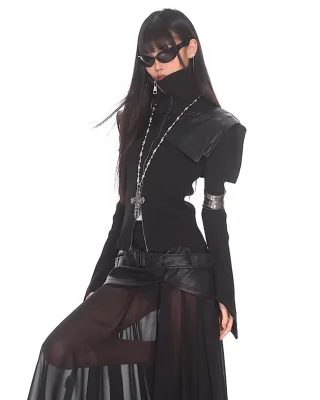 Photo 3 of Set áo dệt kim da và váy lưới gothic nữ