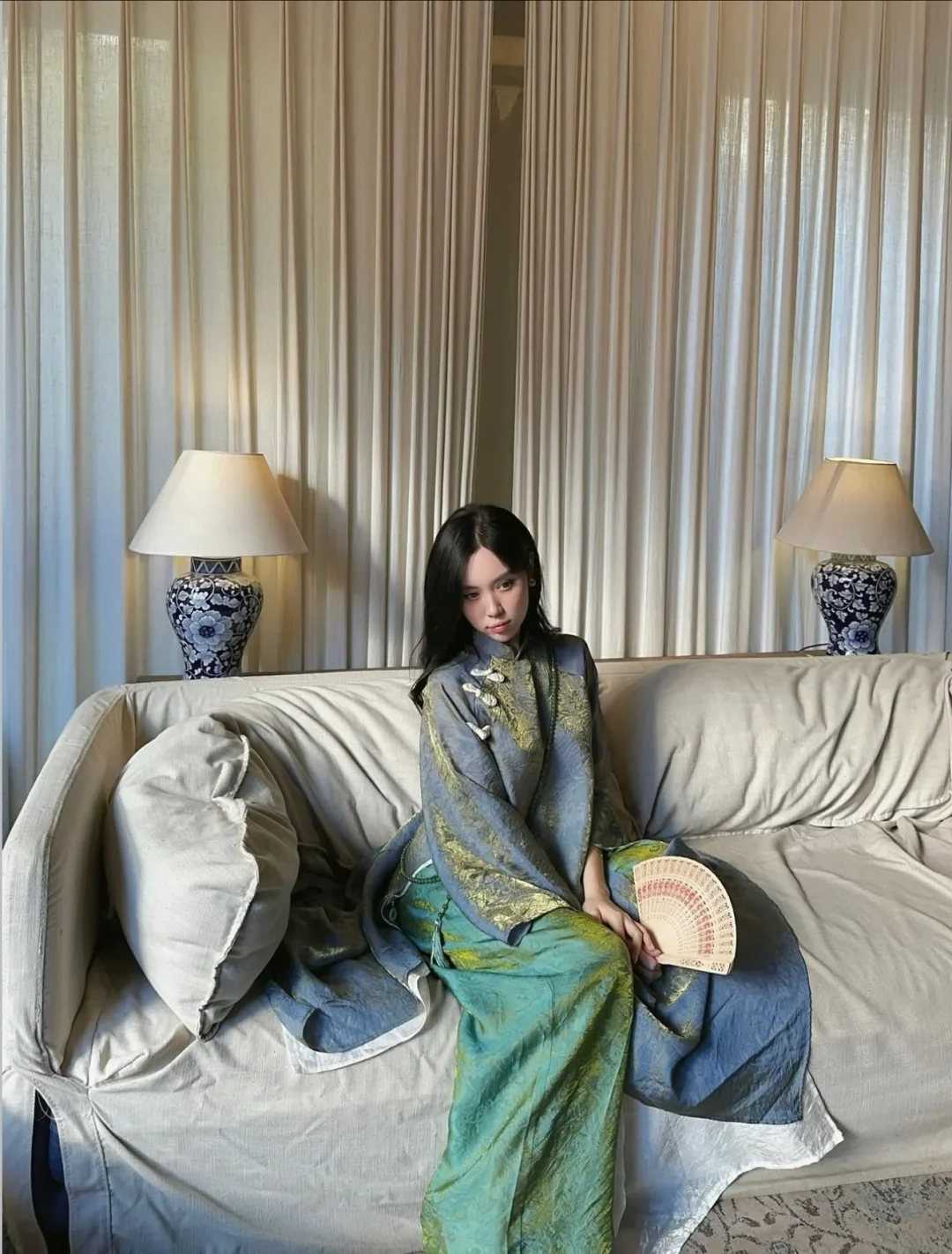 Photo 9 of Áo dài Dạ Lam lụa xanh cách tân nữ