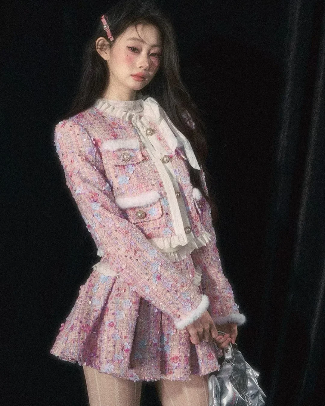 Photo 6 of Set áo khoác váy tweed hồng pastel nữ