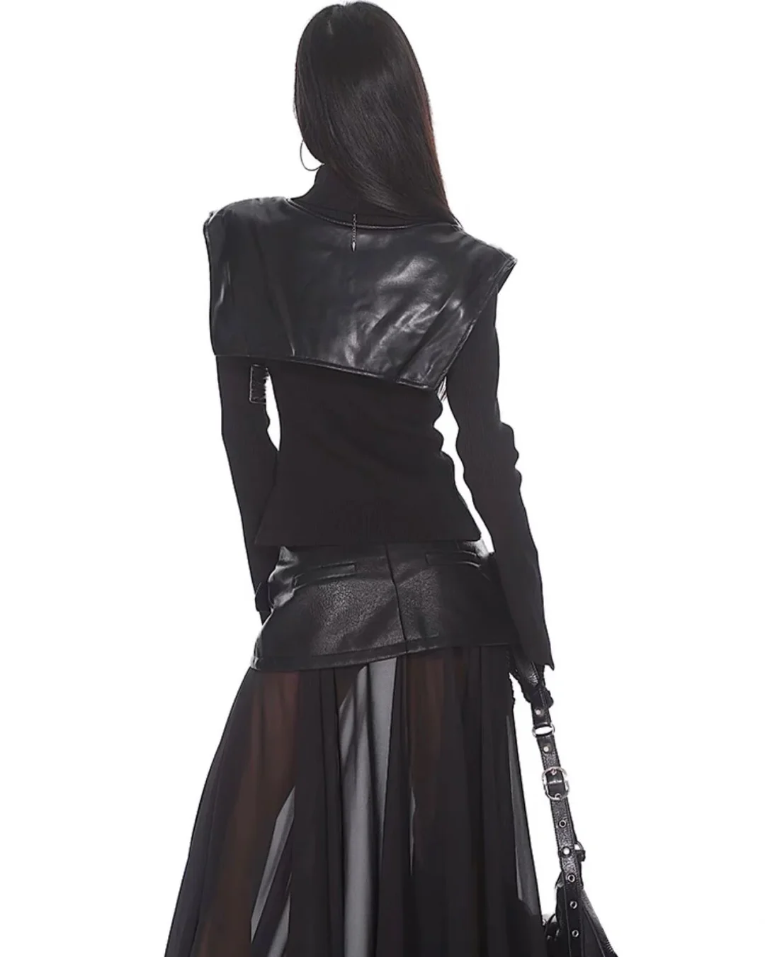 Photo 7 of Set áo dệt kim da và váy lưới gothic nữ