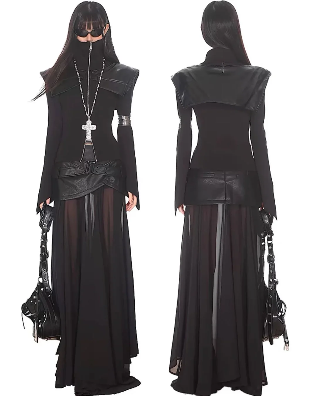 Photo 2 of Set áo dệt kim da và váy lưới gothic nữ