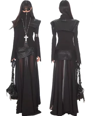 Photo 2 of Set áo dệt kim da và váy lưới gothic nữ