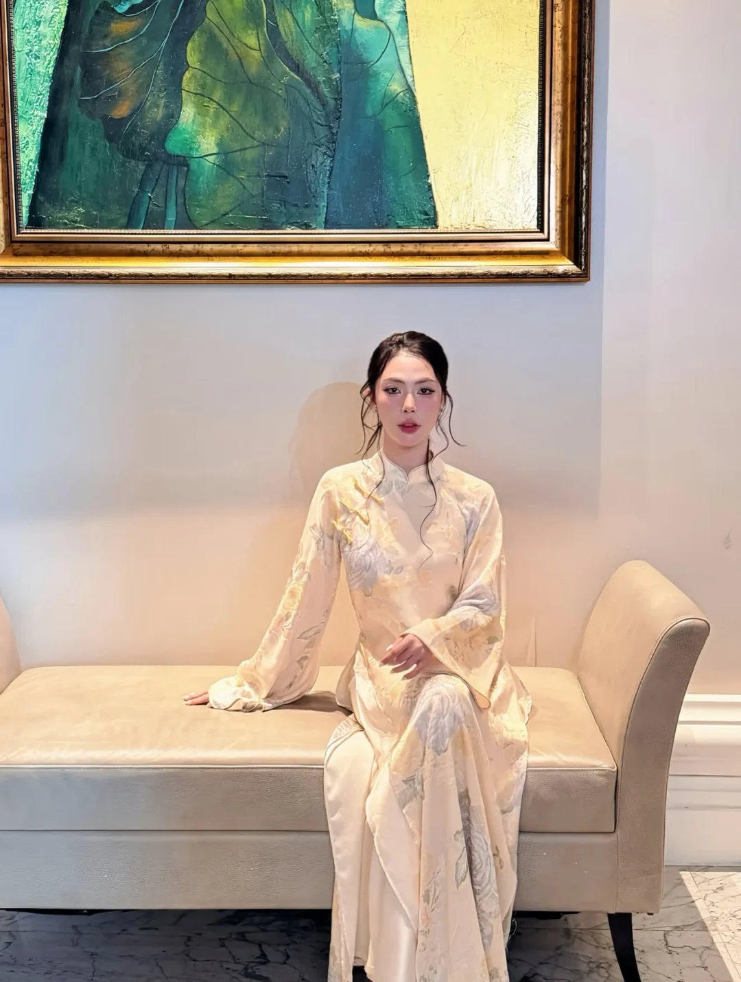 Ảnh 8 của Áo dài lụa kem Edini cúc bạc nữ