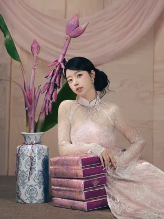 Photo 2 of Áo dài ren hồng pastel Duyên DH0021