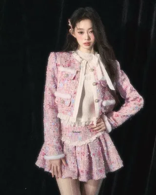 Photo 1 of Set áo khoác váy tweed hồng pastel nữ