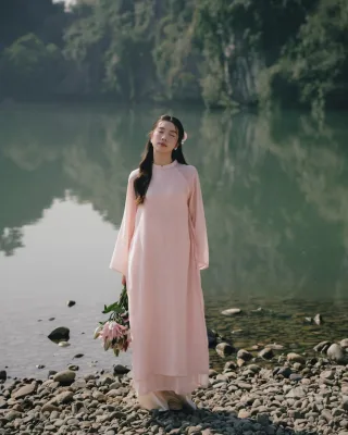 Photo 1 of Áo dài nữ Dob Hạ Vy màu hồng nhạt